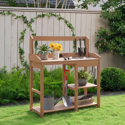 GONICHA Outdoor Poly Lumber Potting Bench, Polystyrene Garden Table with Storage Shelves, All-Weather Patio Work Station for Gardening,Brown