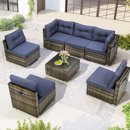 7 Piece Rattan Sectional Sofa Set, Outdoor Conversation Set, All-Weather Wicker Sectional Seating Group with Cushions & Coffee Table, Morden Furniture Couch Set for Patio Deck Garden Pool