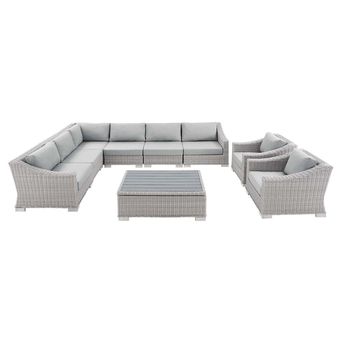Modway Conway Sunbrella® Outdoor Patio Wicker Rattan 9-Piece Sectional Sofa Set in Light Gray Gray