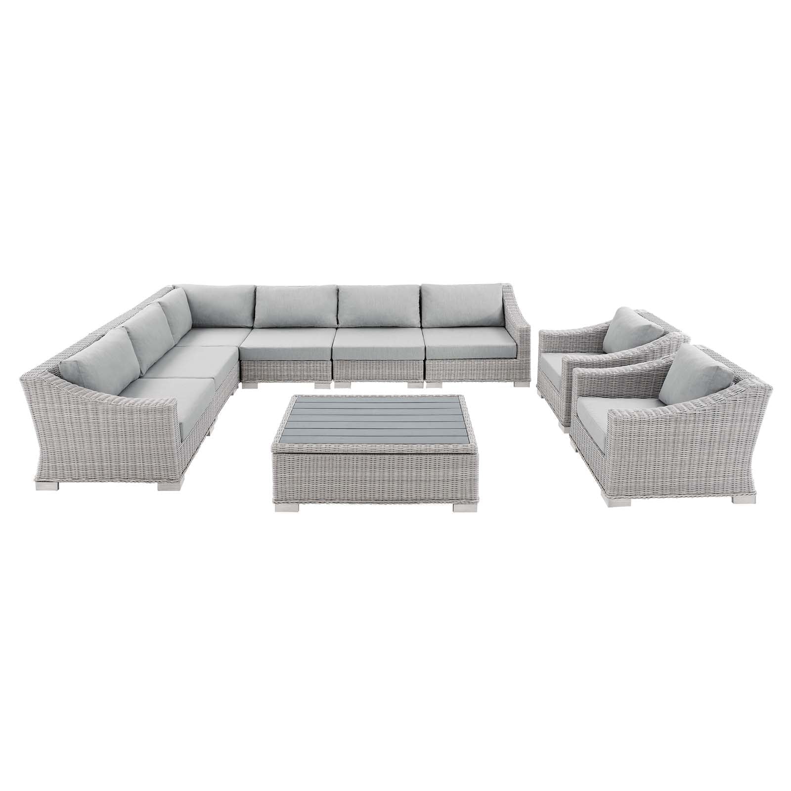 Modway Conway Sunbrella® Outdoor Patio Wicker Rattan 9-Piece Sectional Sofa Set in Light Gray Gray