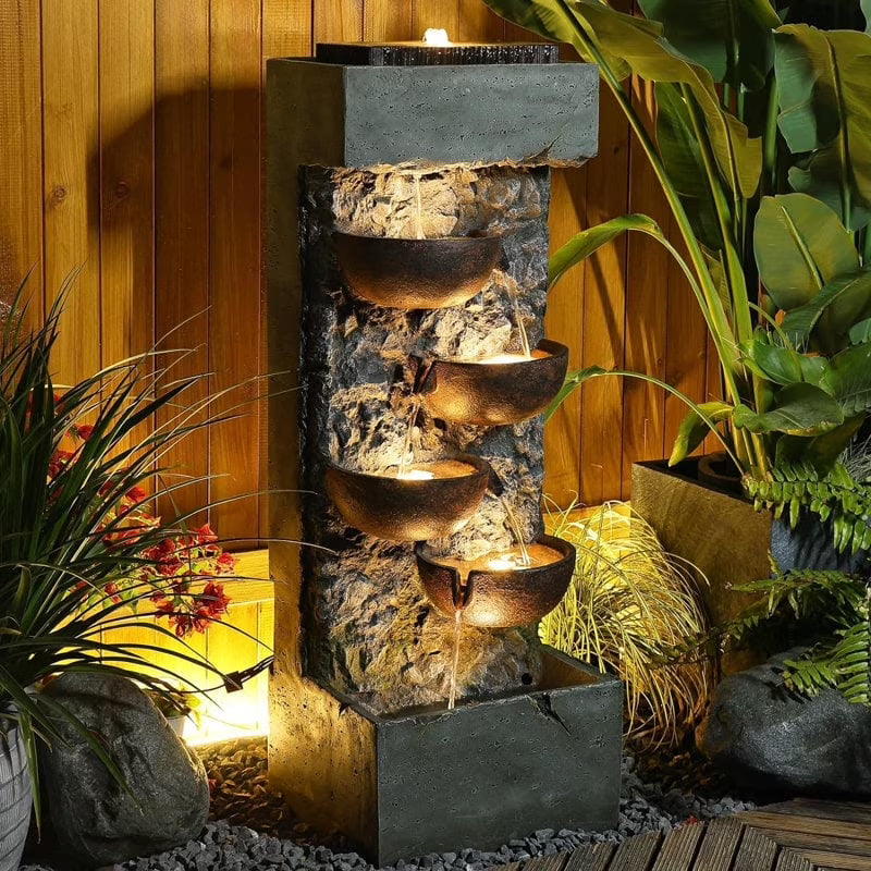 Floor Standing Water Fountains Garden Water Fountain Cascading Bowl Waterfalls with LED Lights for Garden, Living Room, Patio, Home Decor