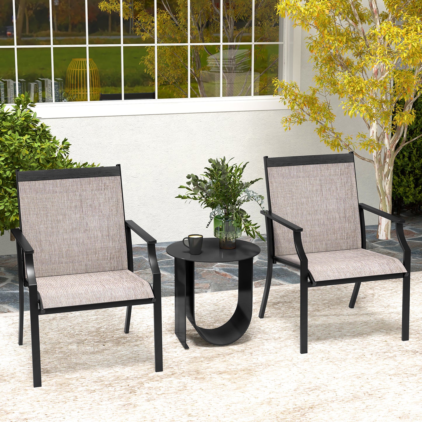 Gymax Set of 2 Patio Dining Chairs Outdoor Armchairs w/Sturdy Metal Frame Coffee
