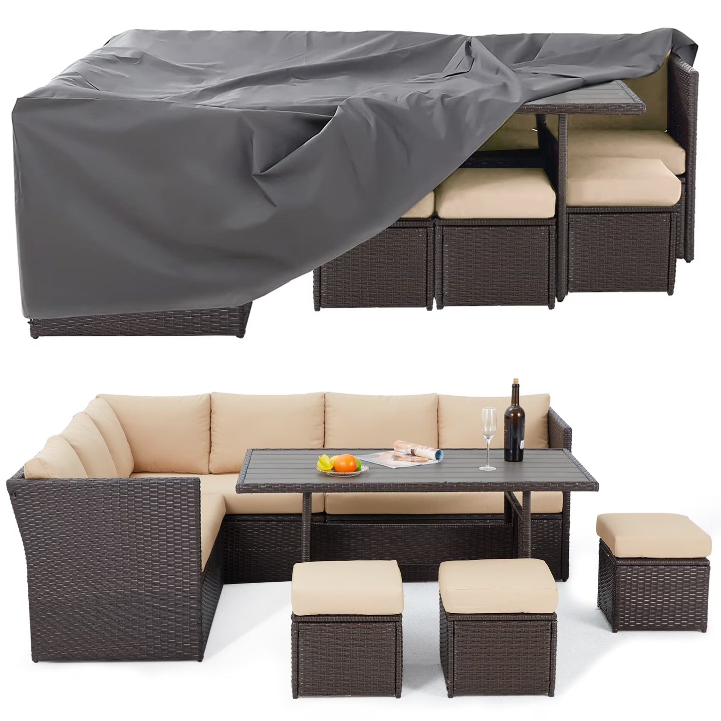 AECOJOY 7 Piece Patio Furniture Set PE Rattan Outdoor Dining Set Sectional Sofa Couch with Table Patio Conversation Set in Gray