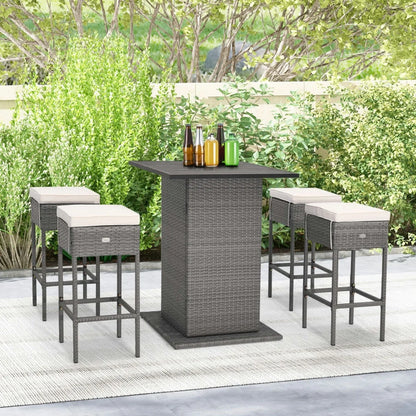 Spaco 5 Pieces Outdoor Wicker Bar Table Set of A Bar Table and 4 Cushioned Bar Stools, Table Set with Hidden Storage Shelves, Bar Table Set for Outdoor as Garden, Patio, White