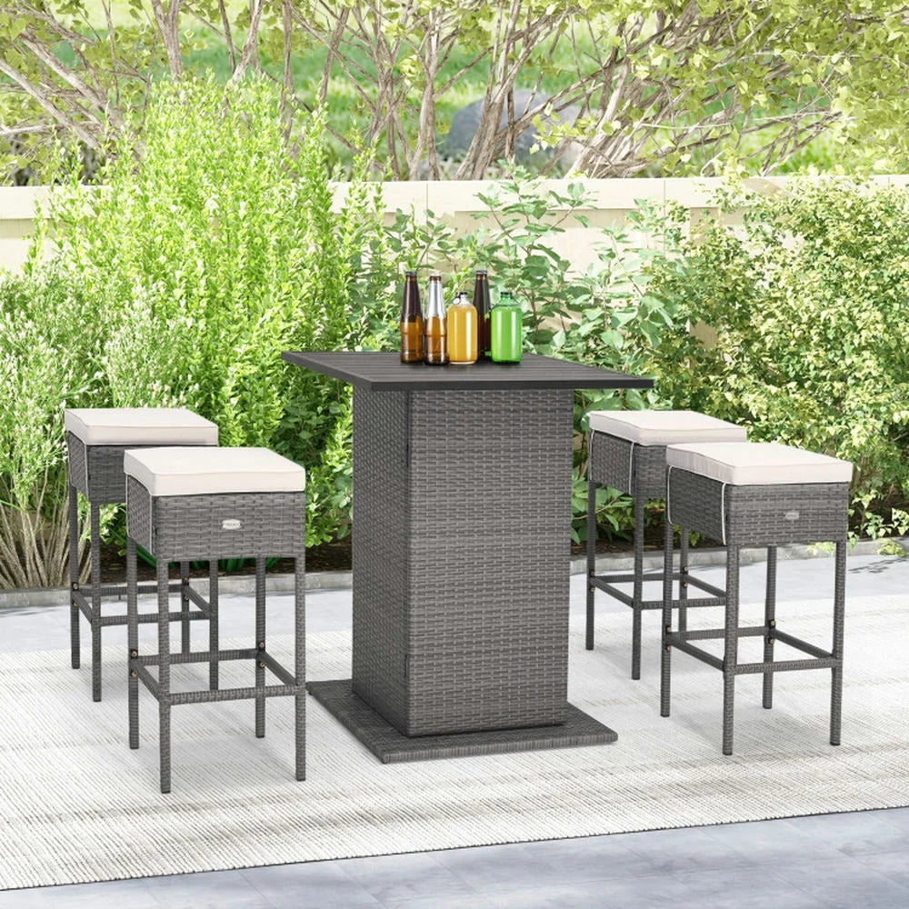 Topcobe 5 Pieces Outdoor Wicker Bar Table Set with Hidden Storage Shelves, Outdoor Patio Furniture for Garden Backyard Pool Deck-White