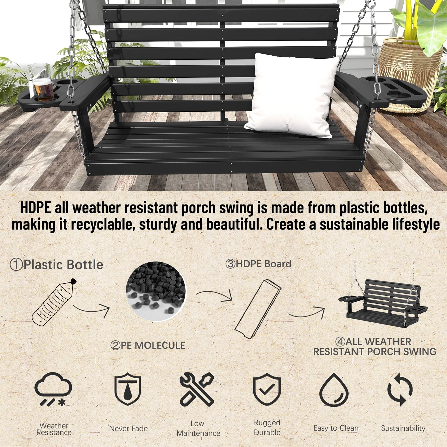 FOOWIN Outdoor Porch Swing, HDPE Patio Hanging Porch Swing with Cup Holder, Black