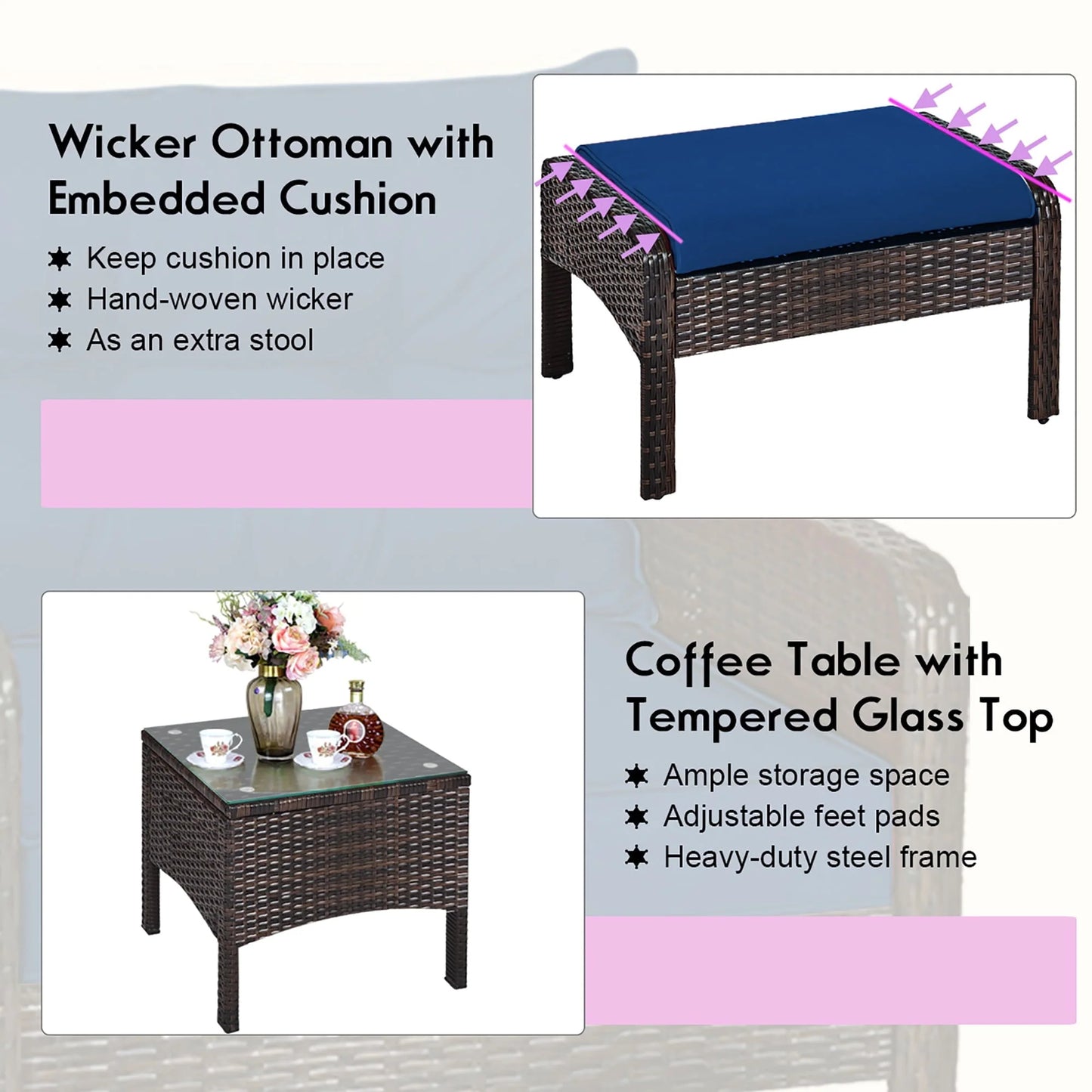 Costway 5 PCS Patio Rattan Wicker Furniture Set Sofa Ottoman Coffee Table Cushioned Navy