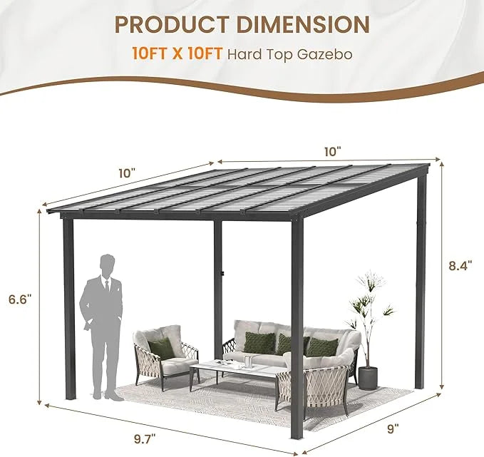 Amopatio 10' x 10' Gazebo, Hardtop Wall Mounted Lean to Gazebo Pergola for Patio, Large Aluminum Pergola Awnings for Decks, Patio, Backyard, Porch