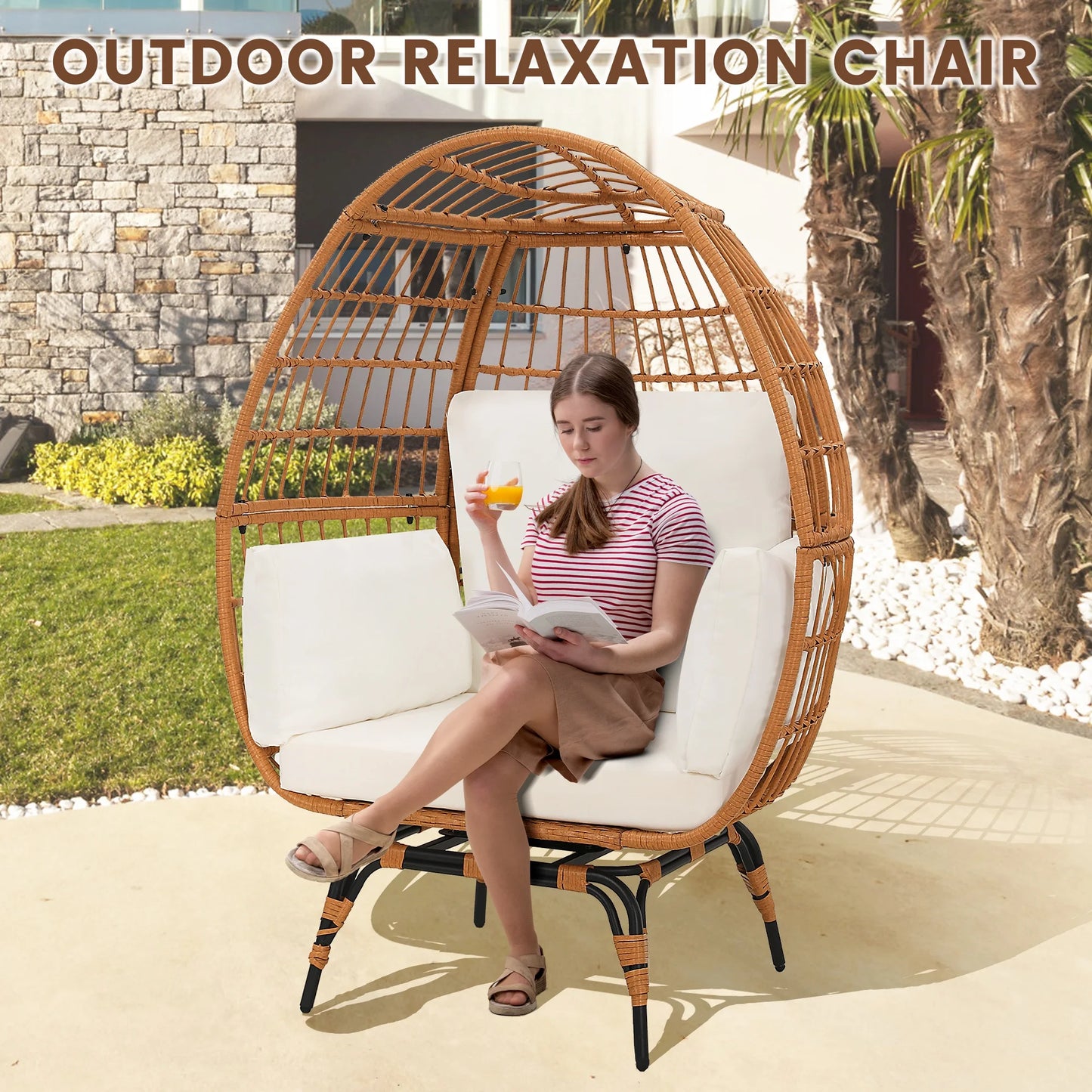 Skandiquip Oversized Rattan Adult Egg Chair, 360 Swivel, Outdoor Patio Chair with overstuffed Cushions, Indoor Large Wicker Egg Chair, Natural Rattan, Beige Cushion
