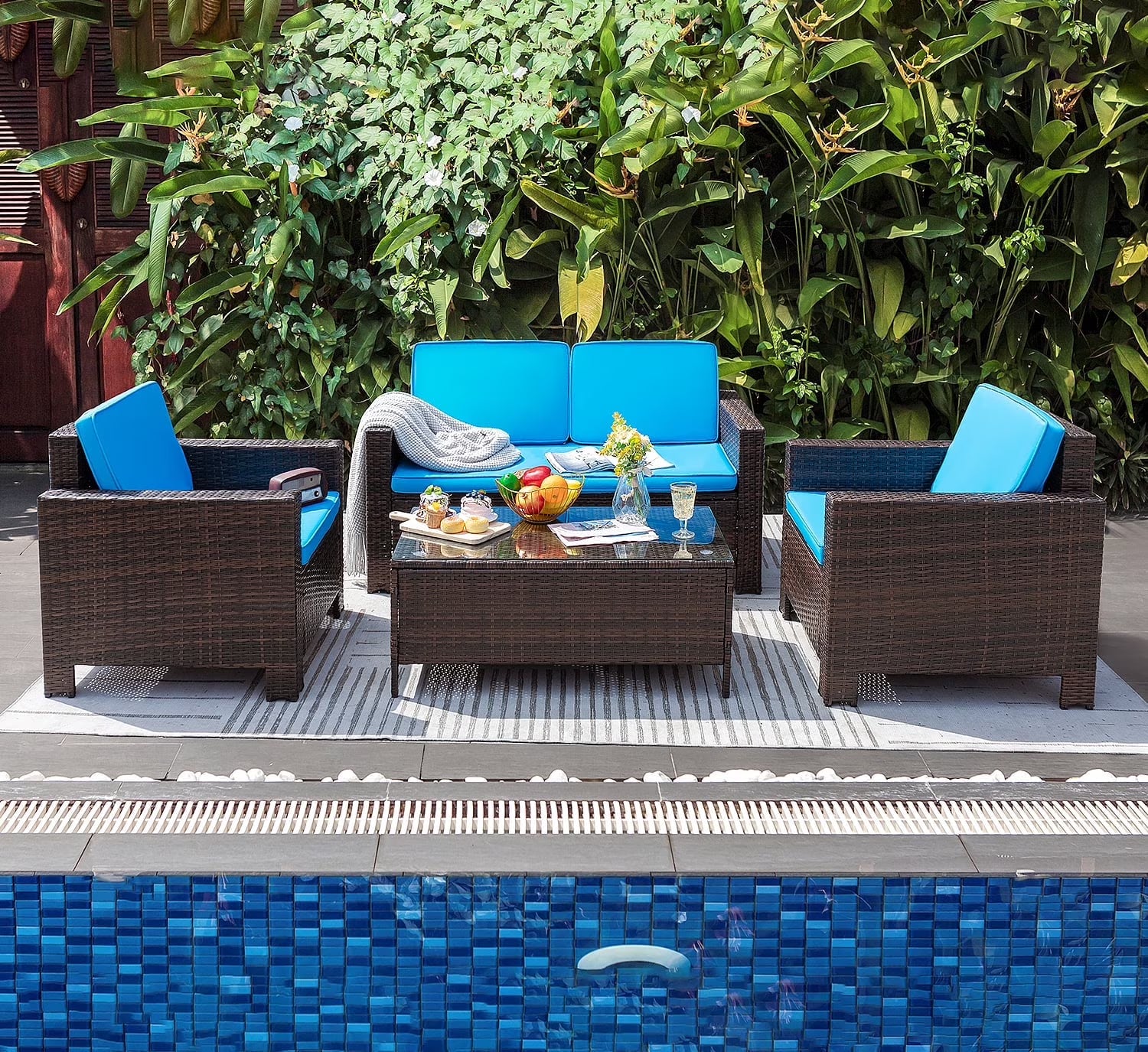 Lacoo 4 Pieces Patio Furniture Sets Rattan Chair Wicker Conversation Sofa Set Outdoor Tble and Chairs for Backyard Porch Garden Poolside Balcony, White