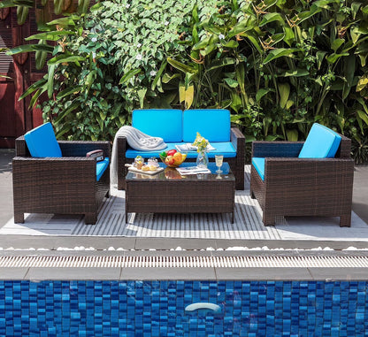 Lacoo 4 Pieces Patio Furniture Sets Rattan Chair Wicker Conversation Sofa Set Outdoor Tble and Chairs for Backyard Porch Garden Poolside Balcony, White