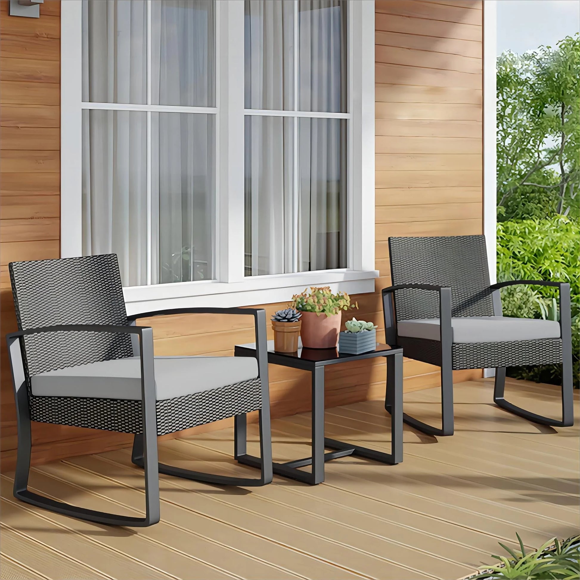 Lofka 3-Piece Patio Wicker Chairs Set with a Coffee Table, Balcony Furniture for Yard, Patio, Garden and Bistro, Gray Cushion