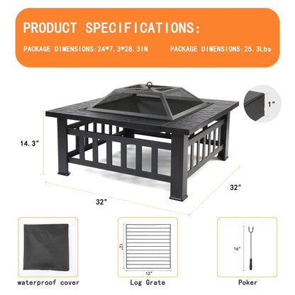 Wood Burning Fire Pits for Outside, 32" Square Iron Fire Pit Backyard Patio Garden Stove Wood Burning Fire Pit w/BBQ Net, Waterprrof Cover, Mesh Screen Lid, Wood Grate, Poker, Durable Fire Pit