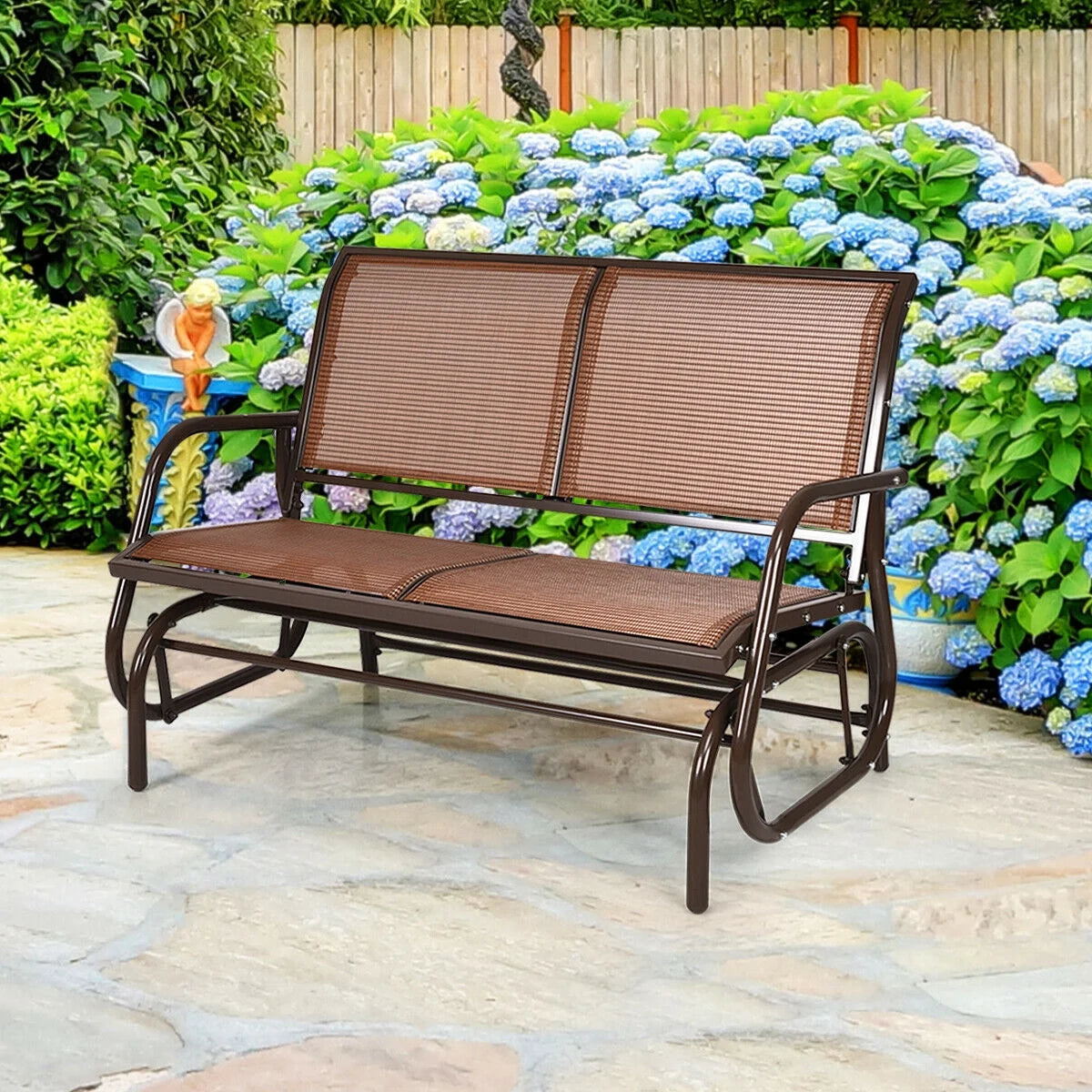 Gymax 48'' Outdoor Patio Swing Glider Bench Chair Loveseat Rocker Lounge Backyard Brown