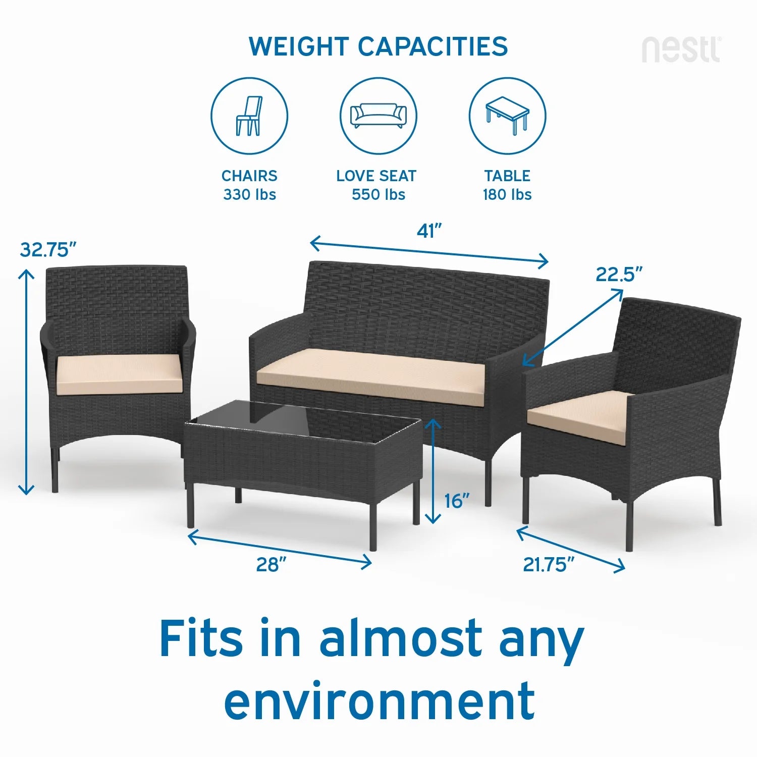 Nestl 4-Piece Outdoor Patio Furniture Set, Wicker Patio Conversation Set, Black/Beige