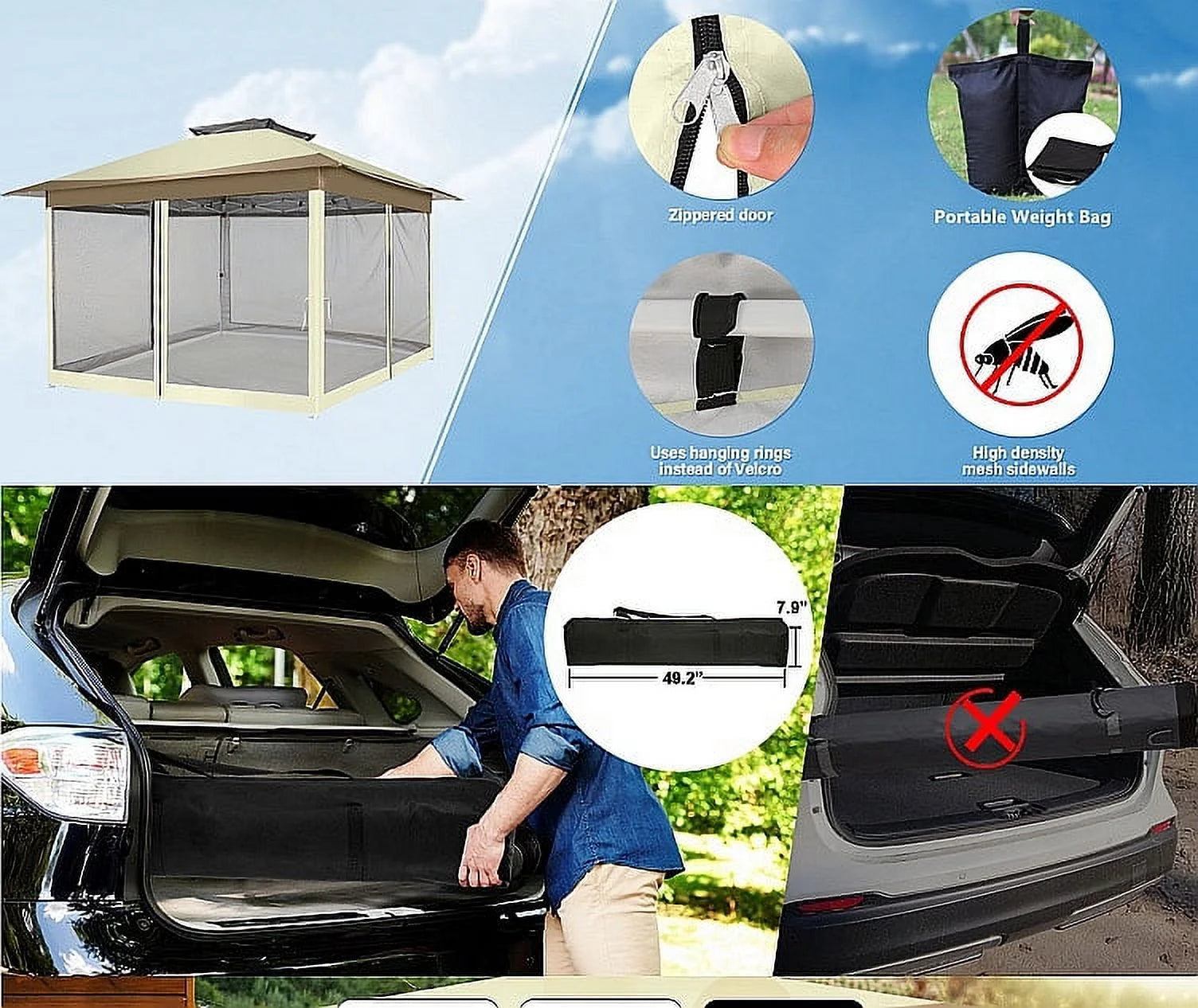 COBIZI 12x12 Outdoor Gazebo Pop Up Gazebo Canopy with Mosquito Netting Patio Tent Backyard Canopy with 2-Tiered Vented Top 3 Adjustable Height, Beige