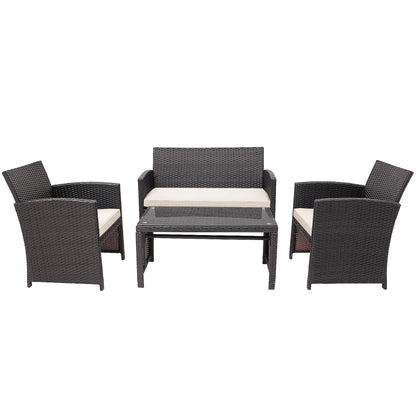 Costway 4PCS Patio Rattan Furniture Set Cushioned Chair Sofa Coffee Table White Modern Outdoor Furniture Set For Four