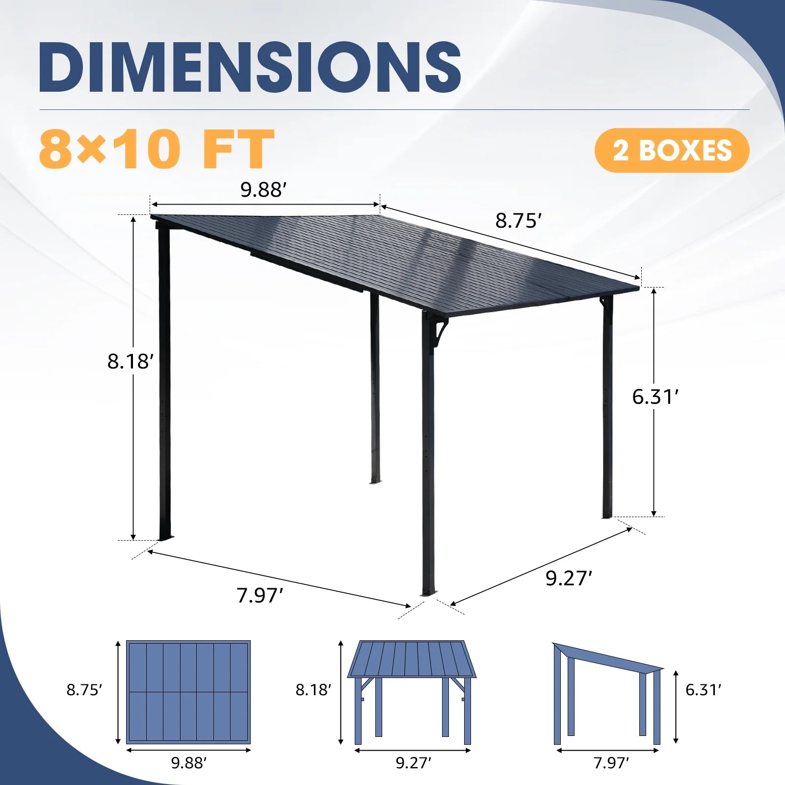 8' x 10' Outdoor Pergola Gazebo, Lean to Awnings Gazebos, Heavy Duty Hard Top Metal Pergola with Roof, for Patio, Backyard, Decks, Poolside