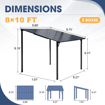 8' x 10' Outdoor Pergola Gazebo, Lean to Awnings Gazebos, Heavy Duty Hard Top Metal Pergola with Roof, for Patio, Backyard, Decks, Poolside