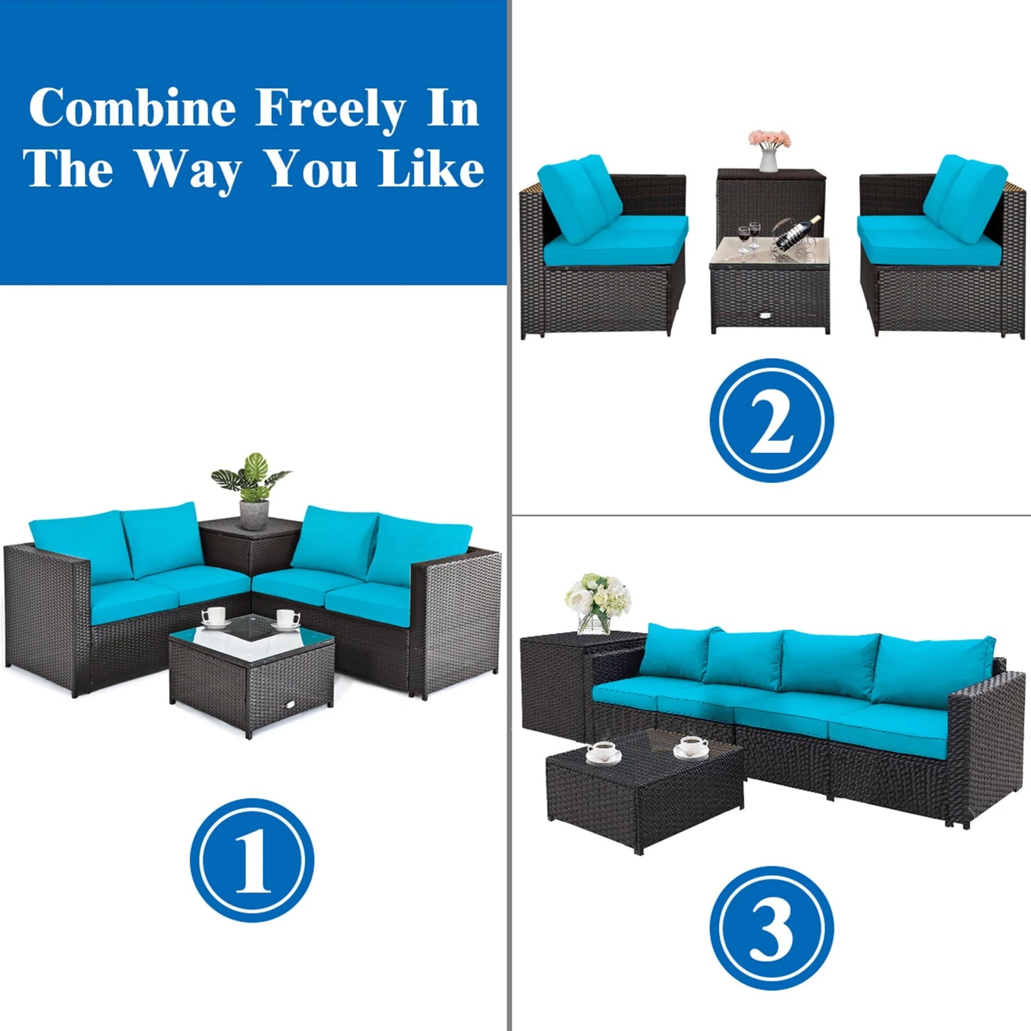 Gymax 8PCS Cushioned Rattan Patio Conversation Set w/Side Table Turquoise Cushion