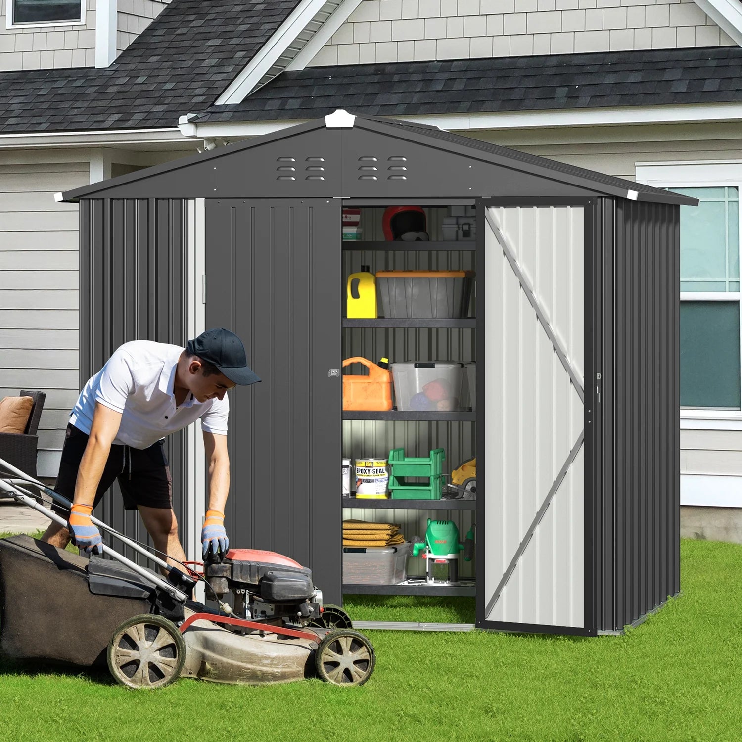 6x4FT Metal Outdoor Storage Shed, Garden Tool Shed with Lockable Doors & Slooping Roof for Backyard,Patio,Dark Grey