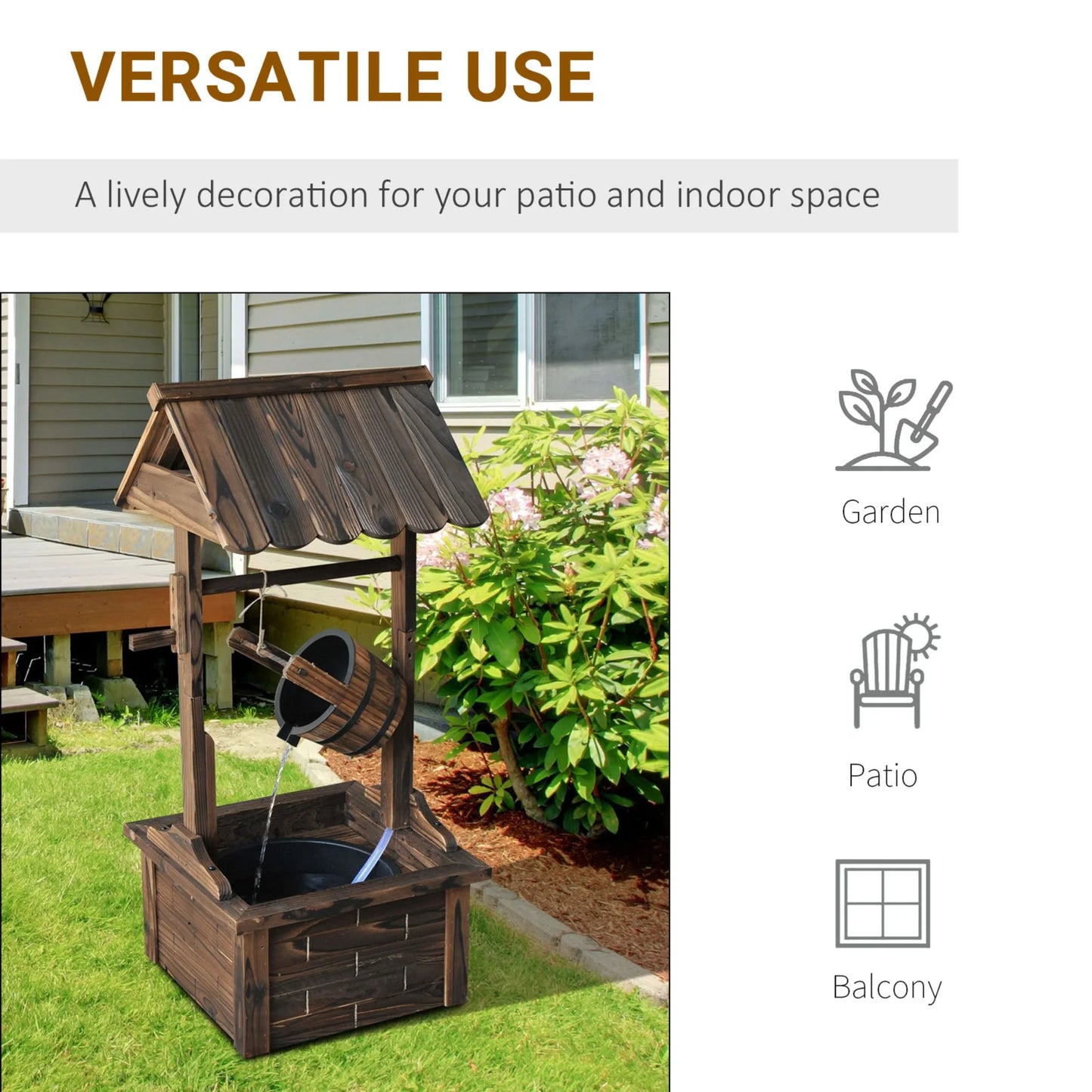 JXXRZ Wooden Wishing Well Fountain w/Adjustable Pump, Rustic Waterfall Bucket for Garden Patio Lawn, Carbonized Fir Wood