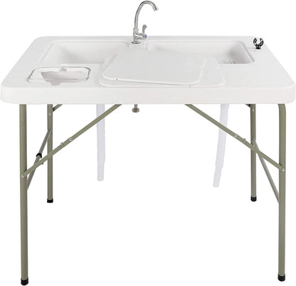 Folding Fish Cleaning Table, Outdoor Camping Sink Station with Sink & Faucet Drainage Hoses, Portable Camping Sink Table for Beach Fishing Patio Picnic