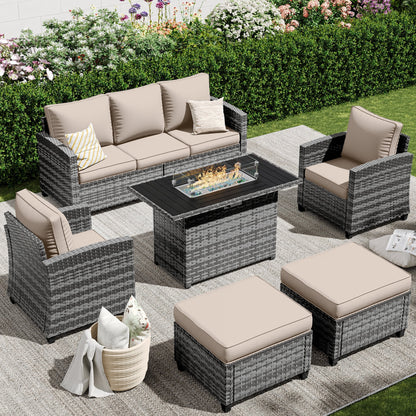 POTEBAN Patio Furniture Set, 7 Pieces Outdoor Sectional Sofa Couch with Chairs, Ottomans and Comfy Cushions, All Weather Wicker Rattan Patio Conversation Set for Garden Backyard Wine Red