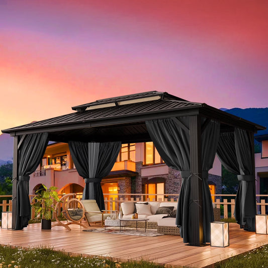 HOTEEL 10'x12' Hardtop Gazebo, Outdoor Steel Double Galvanized Roof Canopy, Aluminum Frame Permanent Pavilion Metal Gazebo with Curtains and Nettings, Sunshade for Patios, Gardens, Lawns, Black