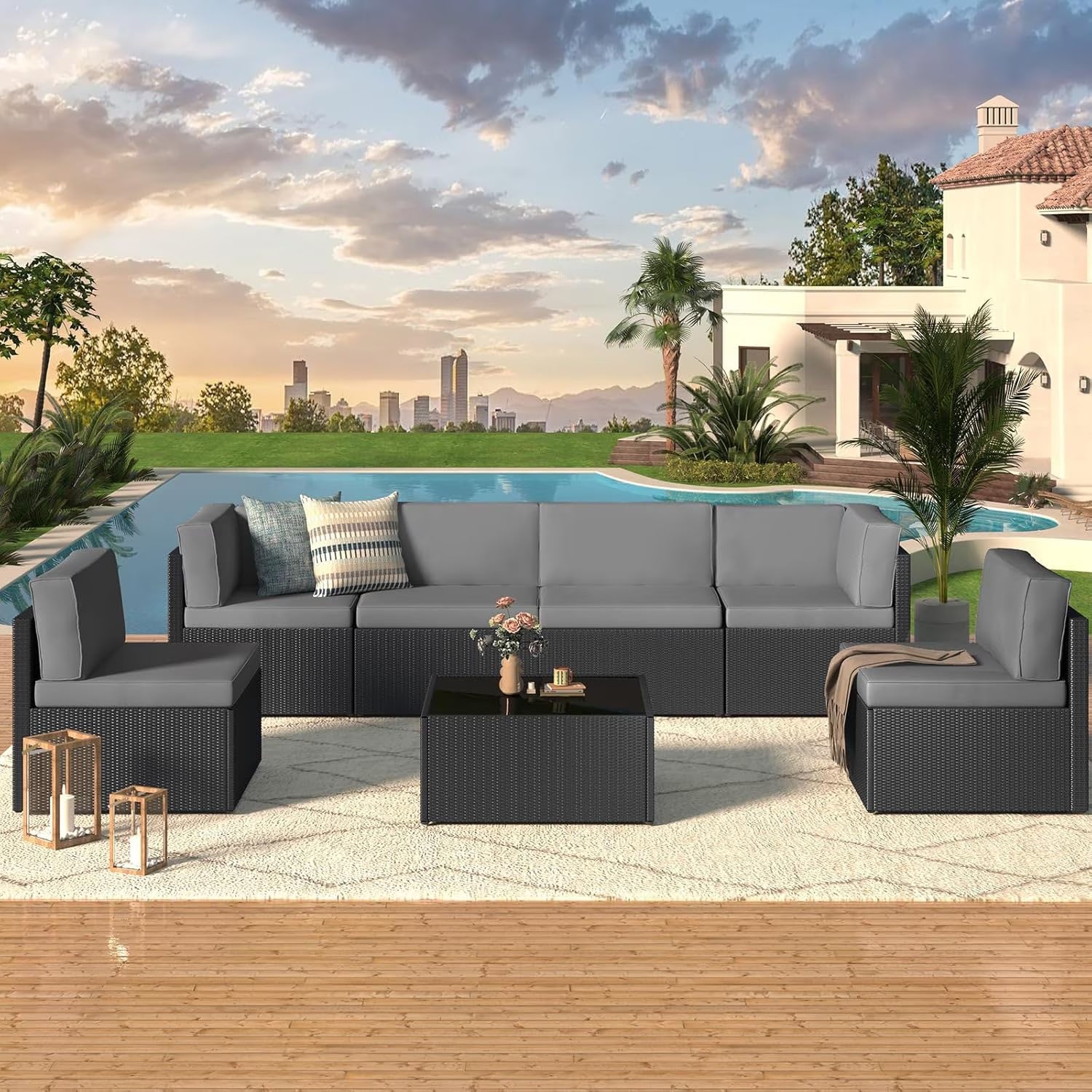 YODOLLA 7 Pc Patio Furniture Set in Beige Cushion& Black PE Rattan Outdoor Sectional Sofa Couch Patio Conversation Set with Table