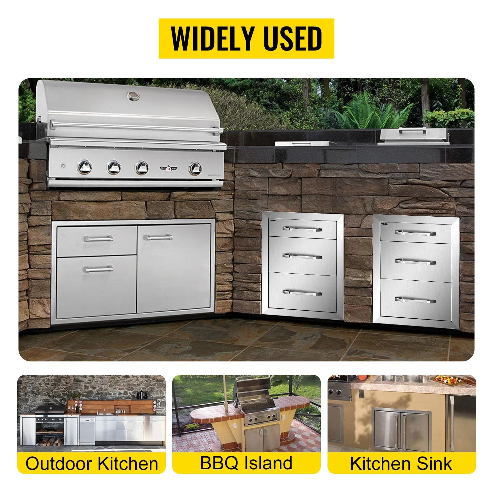 Outdoor Kitchen Drawers 18" W x 20.5" H x 20.5" D, Flush Mount Triple Access BBQ Drawers with Stainless Steel Handle, BBQ Island Drawers for Outdoor Kitchens or BBQ Island Patio Grill Station