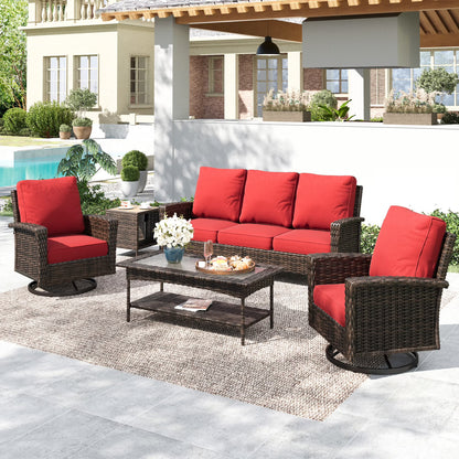 Summit Living 5-Seat Wicker Patio Furniture Set with 2 Swivel Chairs & 3-Seat Sofa with 2 pieces Coffee Table, Outdoor Rattan Sectional Conversation Set, Light-gray