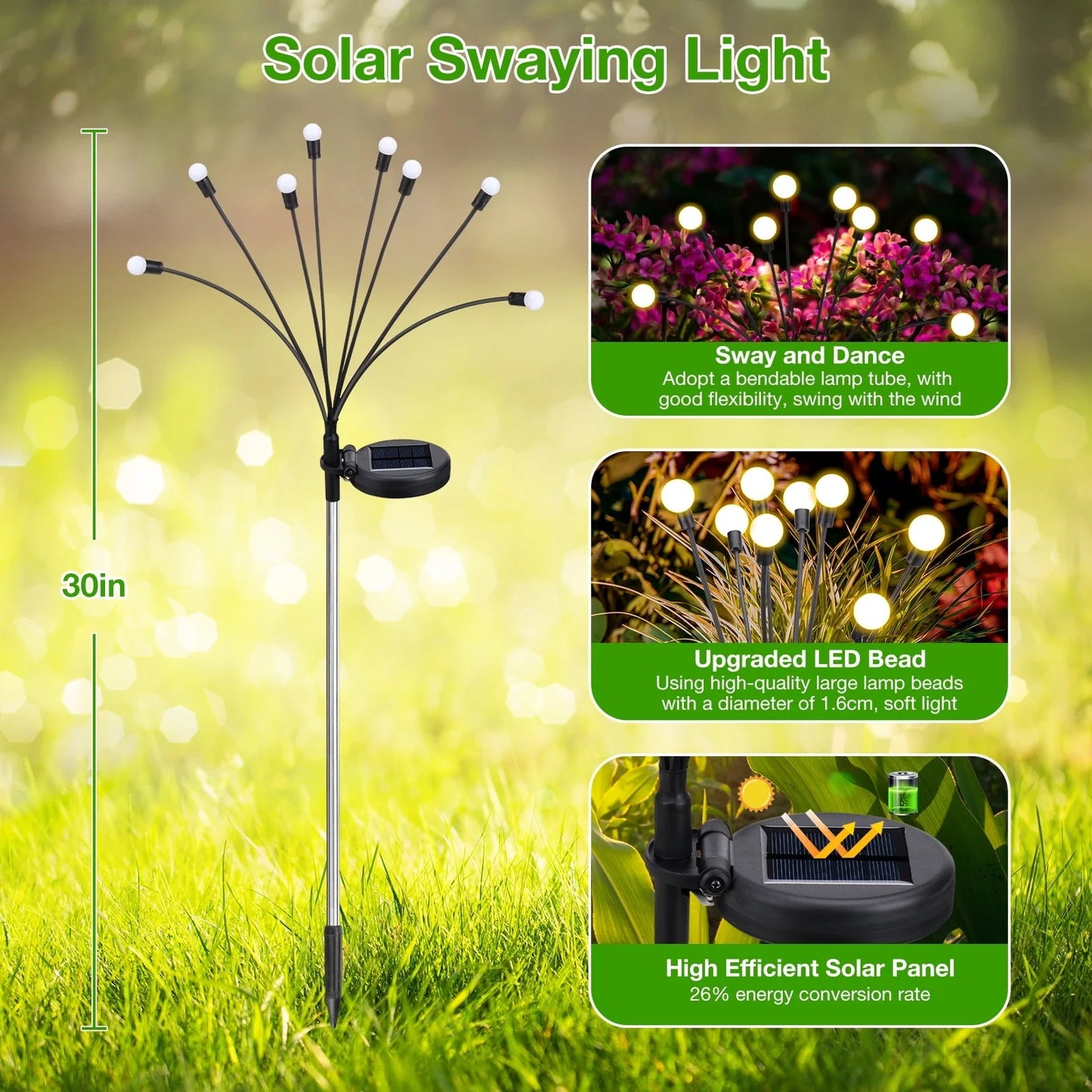 ThorFire 4pcs Solar Garden Lights 8 Head 2 Modes IP65 Waterproof Landscape Lighting Solar Powered Wind-Driven Swing Warm Light for Patio Pathway Yard Walkway
