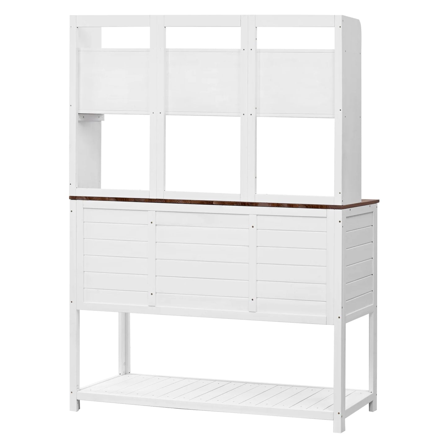 Garden Potting Bench Table with Hutch, Patio Storage Workstation with Adjustable Shelves, 1 Drawer, 2 Cabinets and 3 Side Hooks for Mudroom, Doorway, White