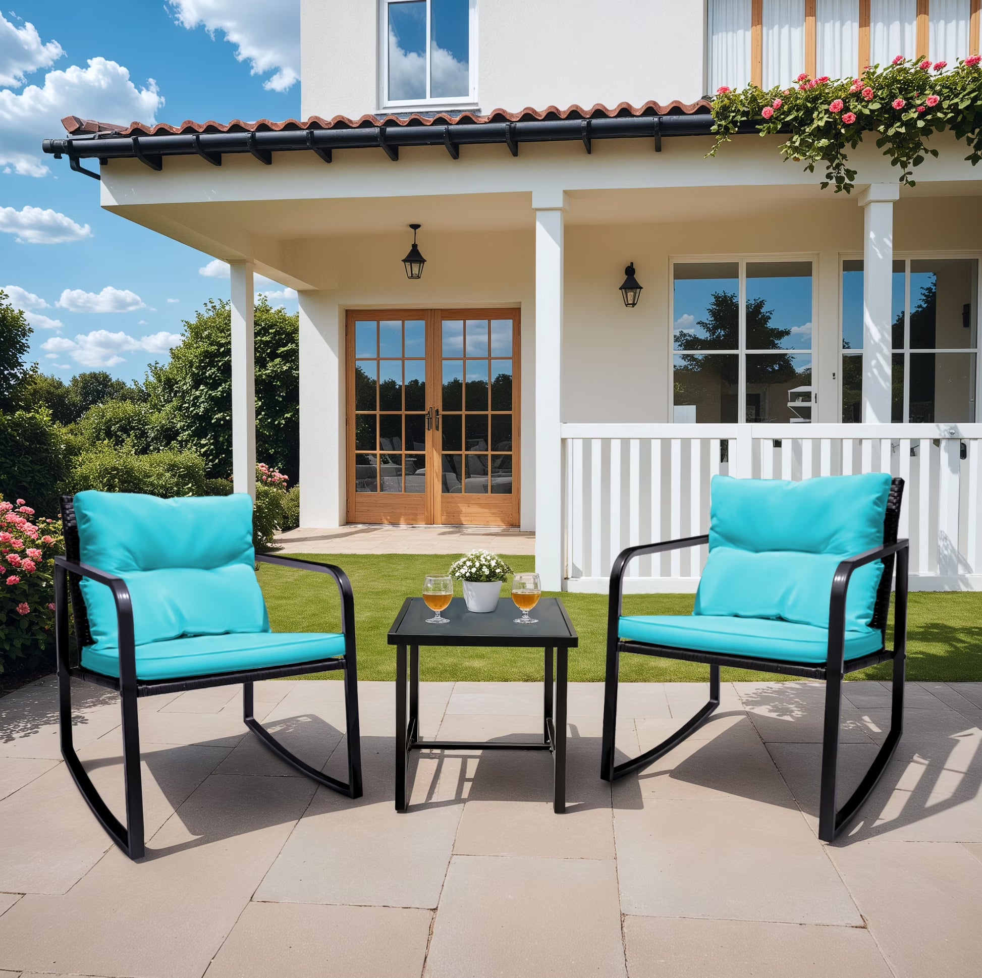 Devoko 3 Pieces Rocking Patio Furniture Sets Outdoor Rocking Chair PE Rattan Bistro Rocker Conversation Sets with Coffee Table for Garden, Beige