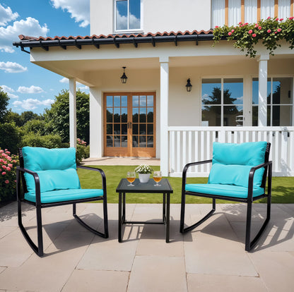 Devoko 3 Pieces Rocking Patio Furniture Sets Outdoor Rocking Chair PE Rattan Bistro Rocker Conversation Sets with Coffee Table for Garden, Beige