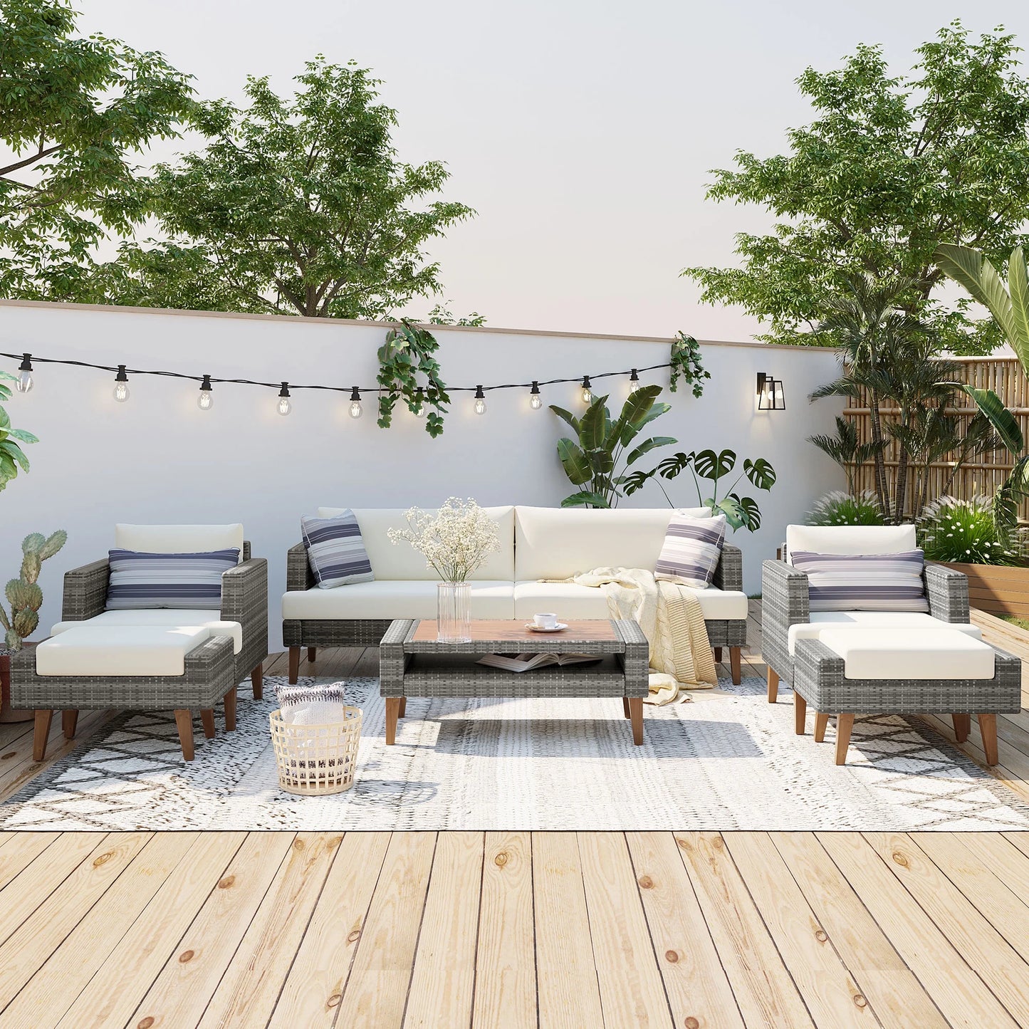 6 Pieces Wicker Patio Furniture Set Outdoor Conversation Set, All Weather PE Rattan Sectional Sofa Couch with Storage Table and Cushions, Beige