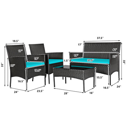Gymax 4PCS Outdoor Furniture Set Patio Rattan Conversation Set w/Turquoise Cushion