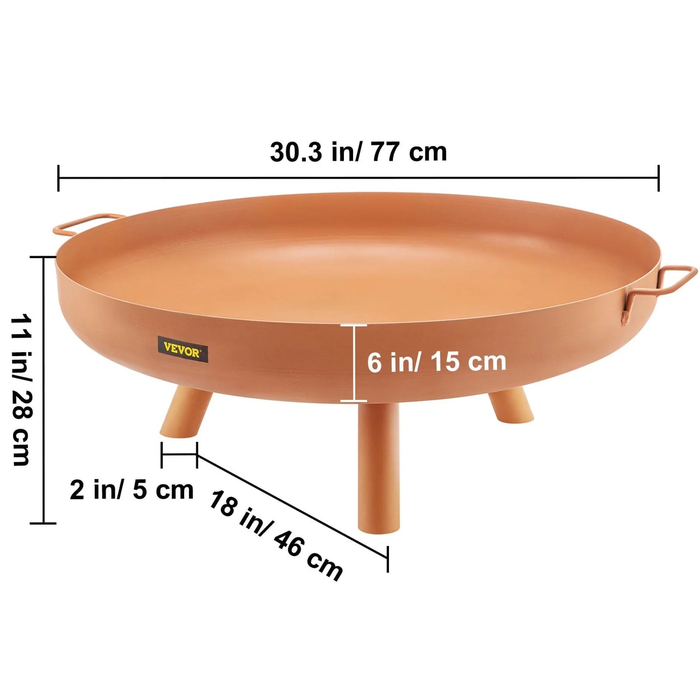 VEVOR Fire Pit Bowl, 30-inch Deep Round Carbon Steel Fire Bowl, Wood Burning for Outdoor Patios, Backyards & Camping Uses, with A Drain Hole, Portable Handles and A Firewood Stick, Brown