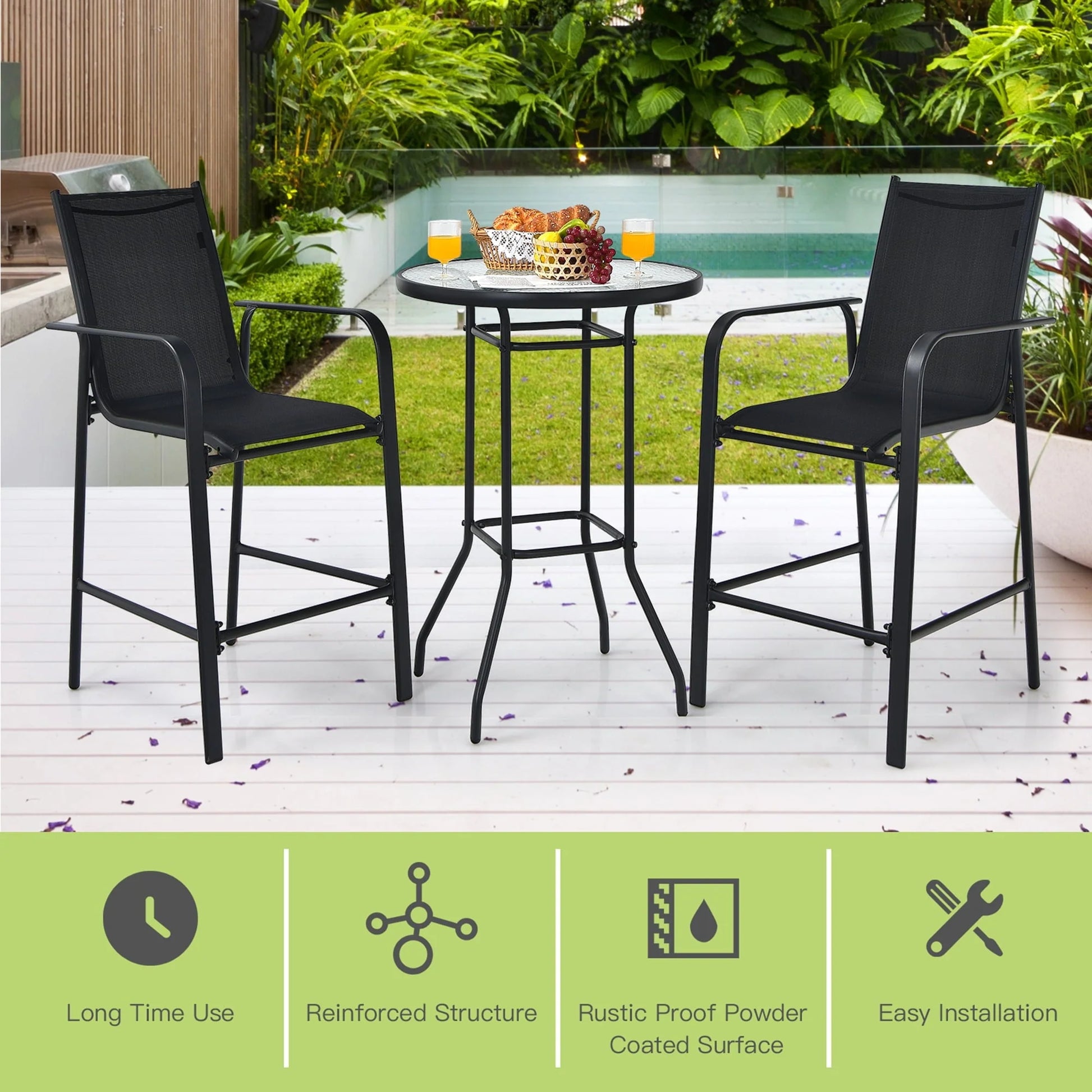 Gymax 3PCS Patio Bar Set Outdoor Bistro Set w/2 Stools & 1 Tempered Glass Table