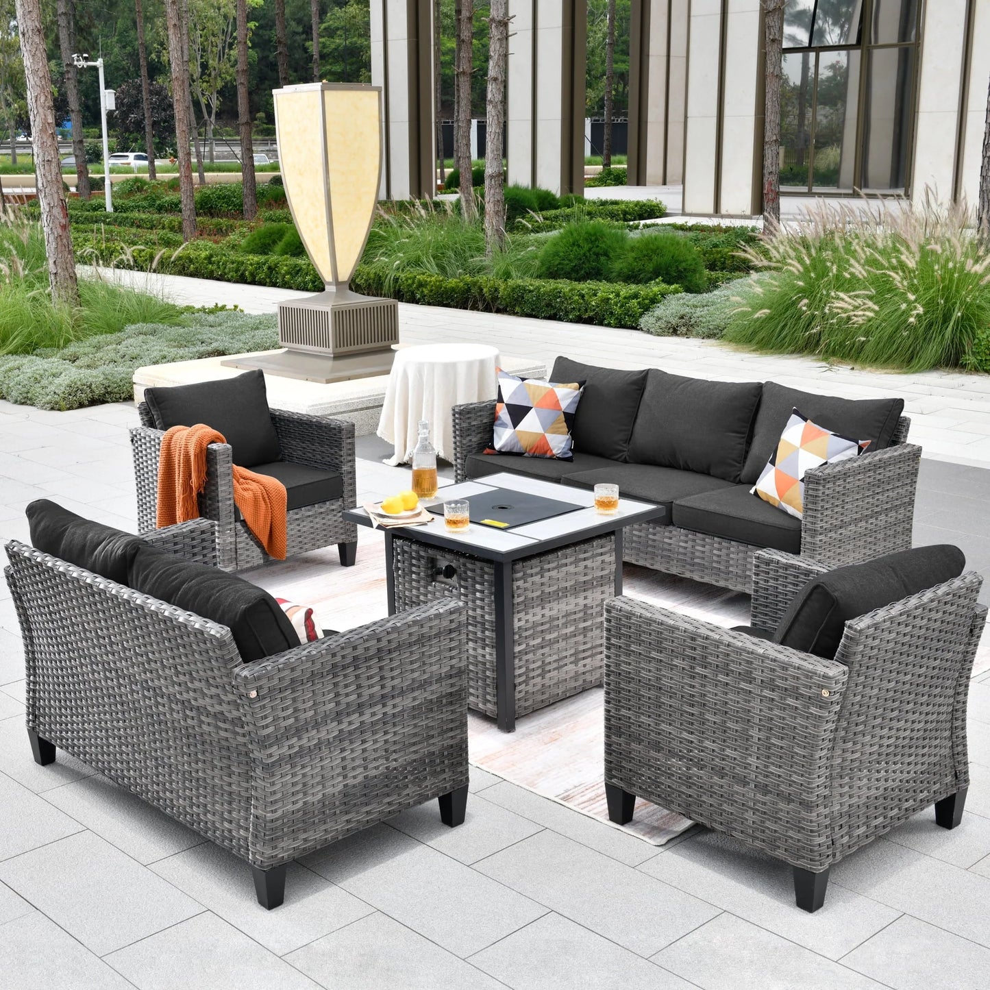 Ovios 5 Pieces Outdoor Patio Furniture with 30 Inch Fire Pit Table Wicker Patio Sectional Sofa with Single Chairs for Backyard Decor