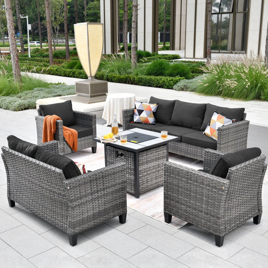 Ovios 5 Pieces Outdoor Patio Furniture with 30 Inch Fire Pit Table Wicker Patio Sectional Sofa with Single Chairs for Backyard Decor