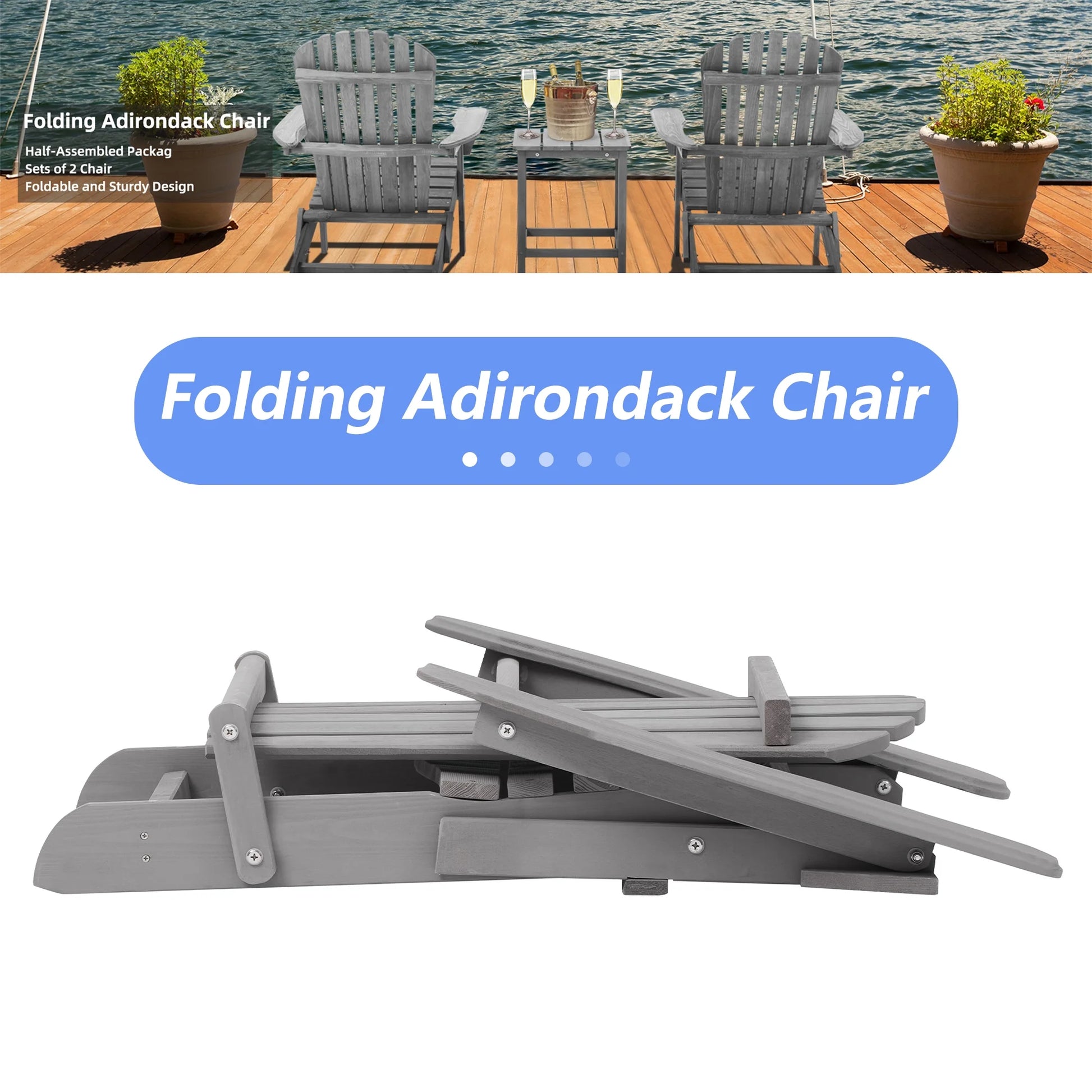 uhomepro Outdoor Adirondack Chairs Set of 2, Folding Fire Pit Chair, Weather Resistant Patio Lawn Chair for Outside Deck Garden Backyard Balcony, Gray