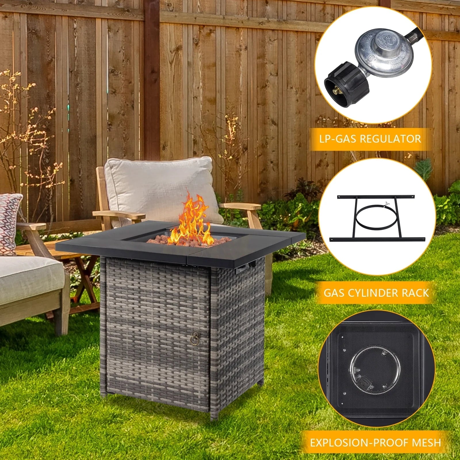 SEGMART Square Propane Fire Pit Table, Outdoor Gas Fire Pit Table with Lava Rocks and Lid, Gas Heater for Bonfire Patio Garden Backyard, 28-Inch 50,000 BTU Auto-Ignition Fire Table, CSA Certification