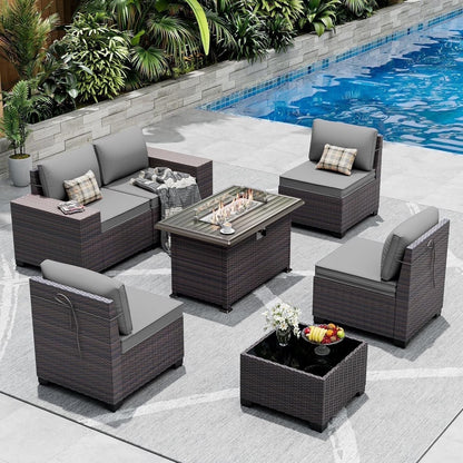 ASJMR 10 Pieces Wicker Patio Furniture Set With 43" Gas Fire Pit Table & 2 Swivel Chairs,Outdoor Rattan Sectional Sofa Conversation Set With Cushions & Tables,Green