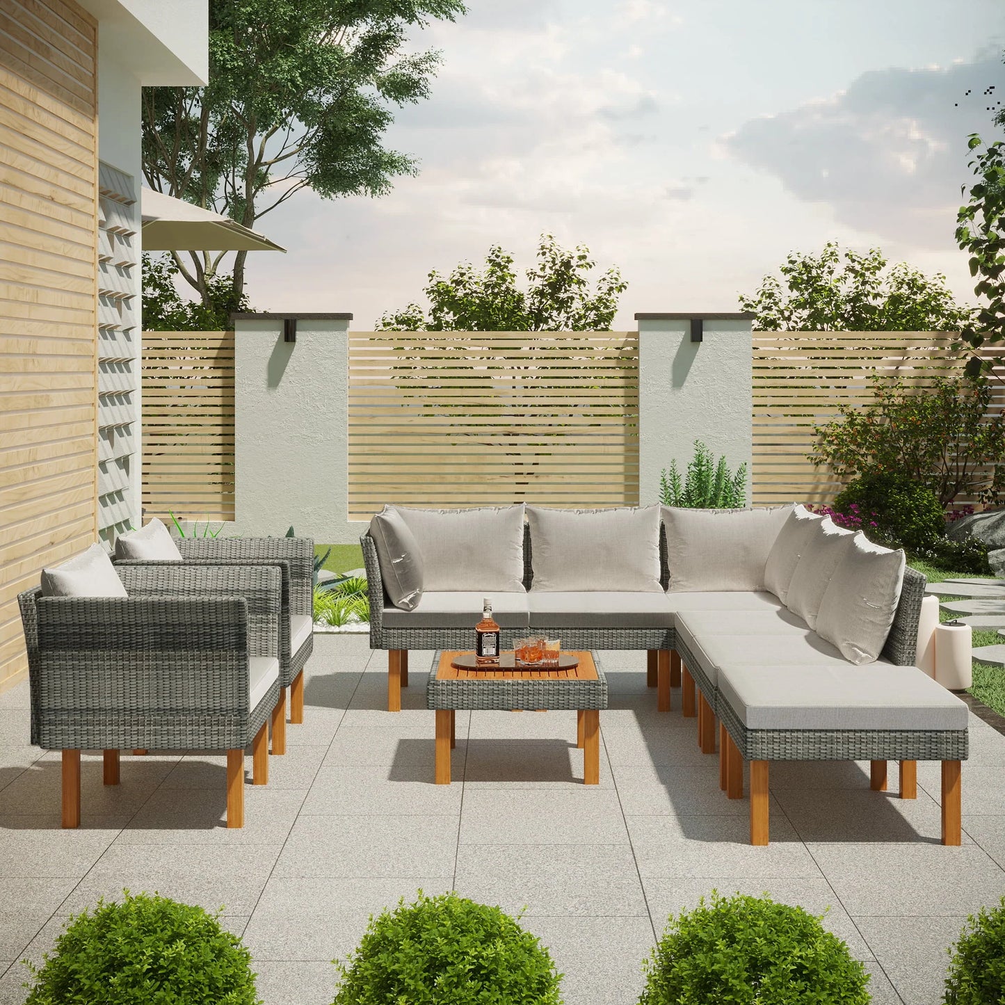 CoSoTower 9-Piece Outdoor Patio Garden Wicker Sofa Set, Gray PE Rattan Sofa Set, with Wood Legs, Acacia Wood Tabletop, Armrest Chairs with Beige Cushions