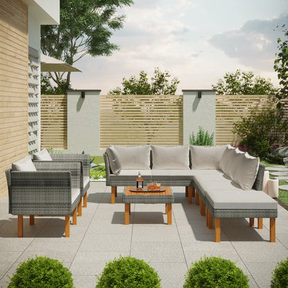 CoSoTower 9-Piece Outdoor Patio Garden Wicker Sofa Set, Gray PE Rattan Sofa Set, with Wood Legs, Acacia Wood Tabletop, Armrest Chairs with Beige Cushions