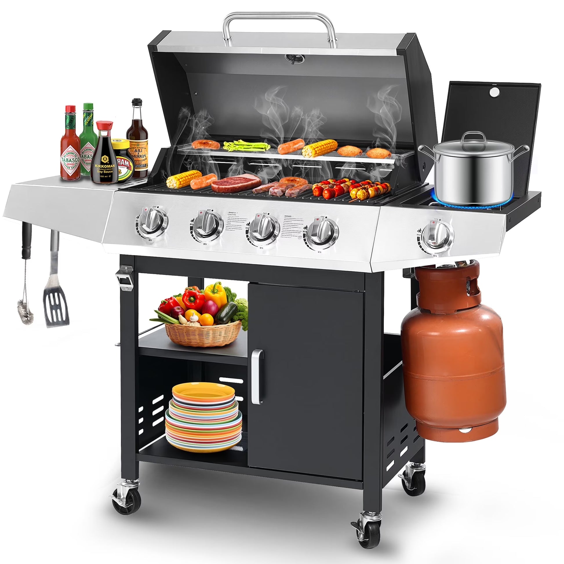 BBQ Grill, Seizeen Gas Grill with Side Burner, 40,000BTU 3-Burner Propane Grill w/Storage Cabinet, Steel Brush, Stainless Steel Camping for Backyard Patio, Portable Design on Wheels