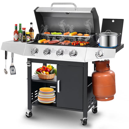 BBQ Grill, Seizeen Gas Grill with Side Burner, 40,000BTU 3-Burner Propane Grill w/Storage Cabinet, Steel Brush, Stainless Steel Camping for Backyard Patio, Portable Design on Wheels