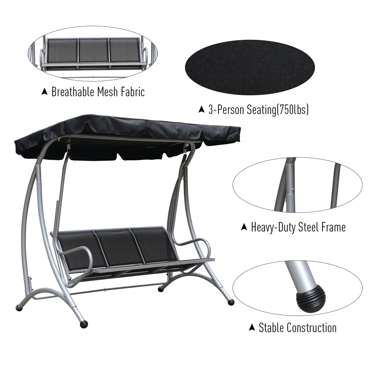 Outsunny 3 Person Patio Swing Seats, Porch Swing with Stand & Adjustable Canopy, Heavy Duty Outdoor Swing Chair Bench for Adults, Black